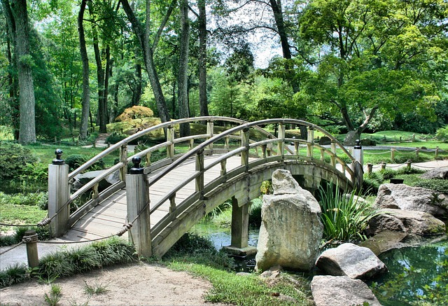 eine wunderschöne gebogene Fußgängerbrücke in einem grünen Park für die Lebenswege