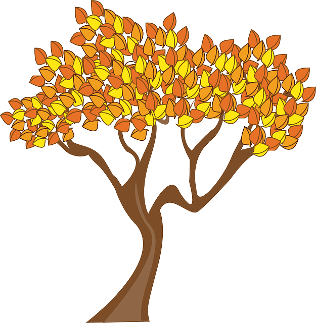 Zeichnung eines Herbstbaumes mit gelben und orangen Blättern als Zeichen der Vergängnis