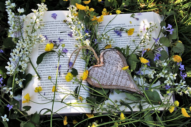 offenes Buch liegt auf einer Wiese, Blumen und ein schönes Herz darauf.