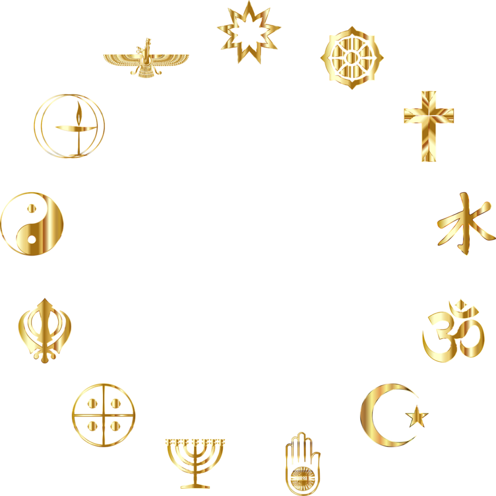 verschiedene Glaubenssymbole in gold im Kreis angeordnet, für Gleichheit aller Menschen