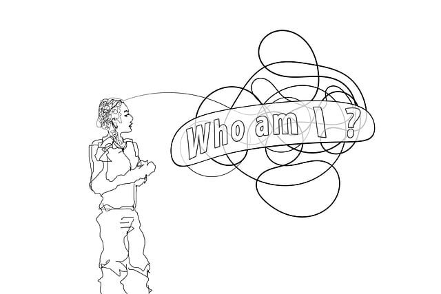 gezeichneter Mensch hat seine Gedankenblase wie ein Wollknäuel neben sich und stellt sich die Frage "Wer bin ich?"