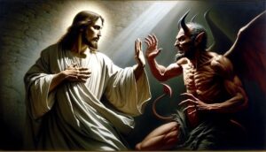 Jesus und Teufel stehen sich gegenüber